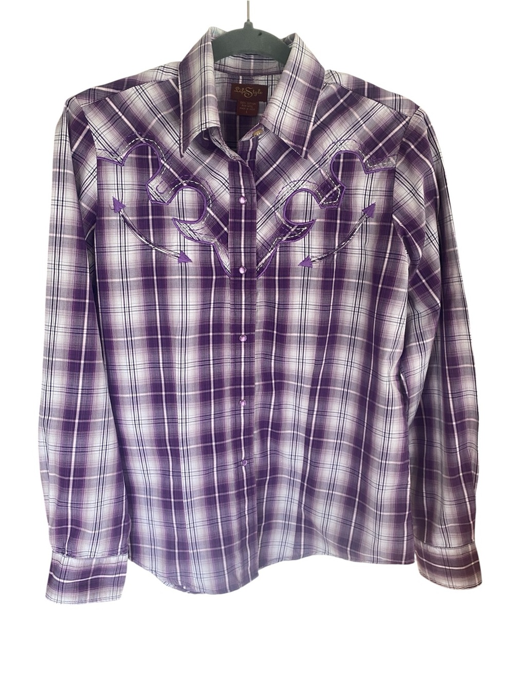 Life Style Purple Plaid Western Pearl Snap Shirt Size L